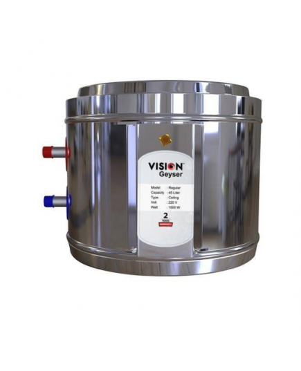 VISION Geyser 45 L Regular
Brand: VISION
Item code: 823669
Capacity: 45 liter(10 Gallon)
Body Diameter x Height x Circumference: 18.00'' X 12.00'' X 56.50"
Body: SS Sheet
Type: Ceiling
Volt: 220-230V
Auto power off after proper heating
25-30 minutes for proper heating
1500 watt heater
Low power consumption
Color: As given picture.

Warranty: 2 years brand warranty.