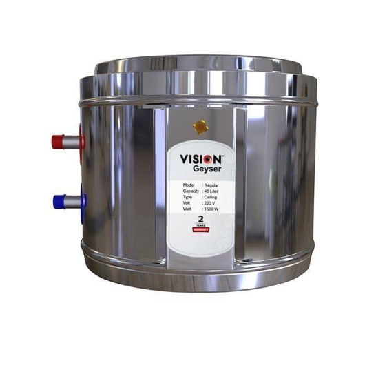 VISION Geyser 45 L Regular
Brand: VISION
Item code: 823669
Capacity: 45 liter(10 Gallon)
Body Diameter x Height x Circumference: 18.00'' X 12.00'' X 56.50"
Body: SS Sheet
Type: Ceiling
Volt: 220-230V
Auto power off after proper heating
25-30 minutes for proper heating
1500 watt heater
Low power consumption
Color: As given picture.

Warranty: 2 years brand warranty.